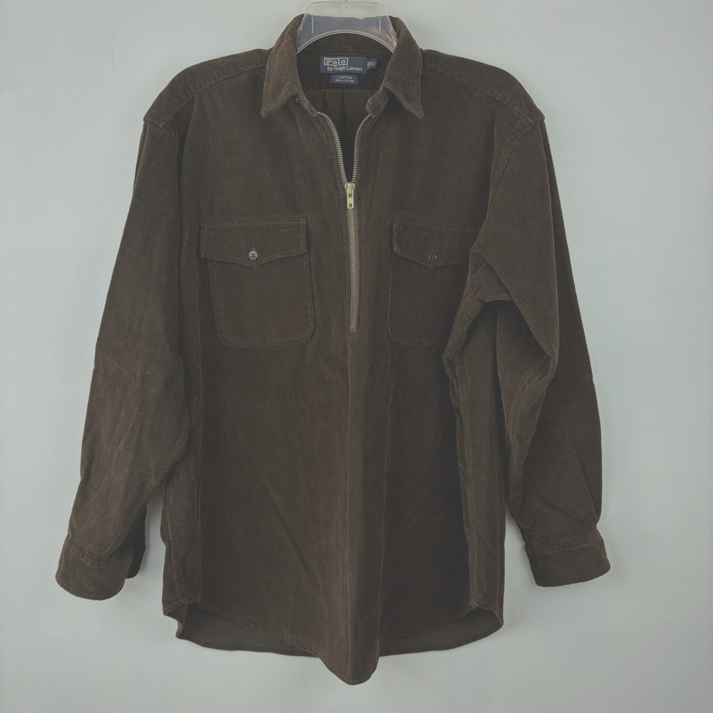 Vintage Polo Ralph Lauren Shirt Men XL Carson Corduroy Brown 1/2 Zip Preppy Fall